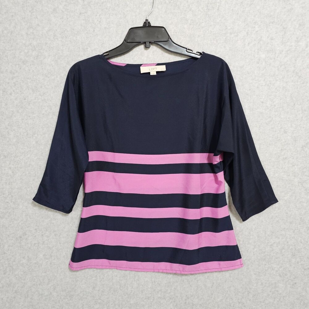 Ann Taylor Loft Top Petites Size XSP Navy Purple 3/4 Sleeve Wide Neck Womens